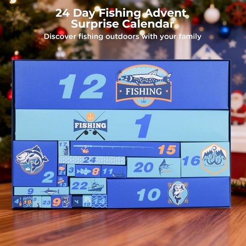 Fishing Advent Calendar 2025 - 24-Day Countdown with Telescopic Landing Net, Fish Gripper & Rod Holder