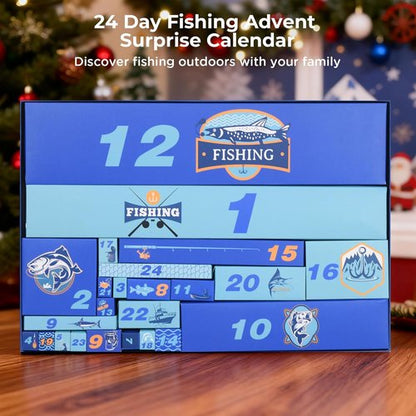 Fishing Advent Calendar 2025 - 24-Day Countdown with Telescopic Landing Net, Fish Gripper & Rod Holder