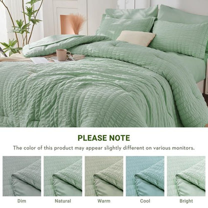 HYMOKEGE Sage Green King Size Comforter Set Seersucker 7 Pieces, All Season Luxury Bed in a Bag for Bedroom, Bedding Set with Comforters, Sheets, Pillowcases & Shams