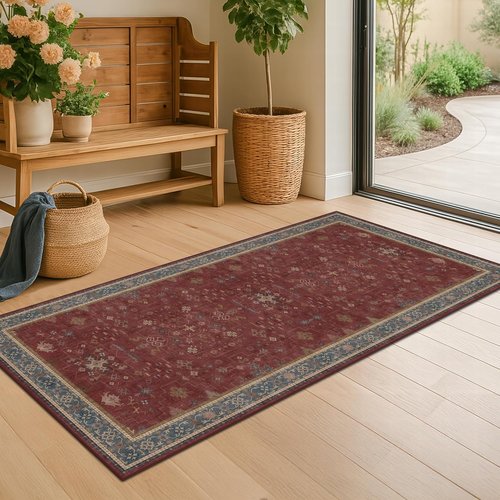 Hazo Haus Burgundy Washable Entry Rug - Non-Slip Low Pile | Modern Floral Design for Kitchen & Entryway