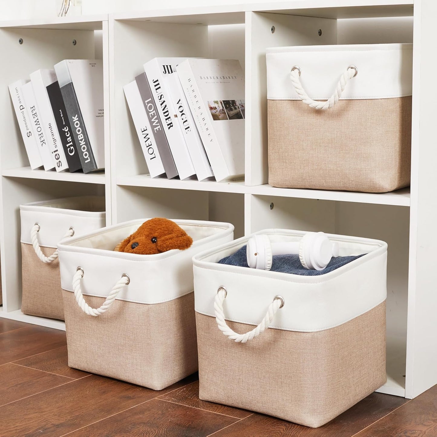 Skiennix Storage Cubes - 6 Pack Large Collapsible Fabric Bins | Foldable Organizer for Home & Office - White & Beige