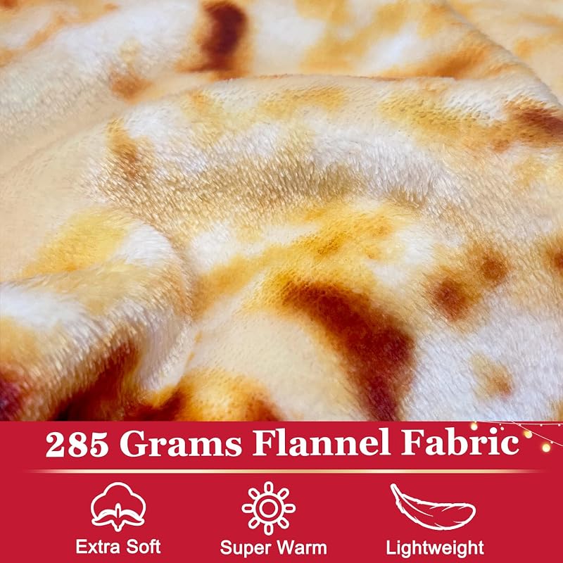 Tan 71 Inch Burritos Throw Blanket - Realistic Tortilla Food Blanket, 285 GSM Flannel, Double-Sided