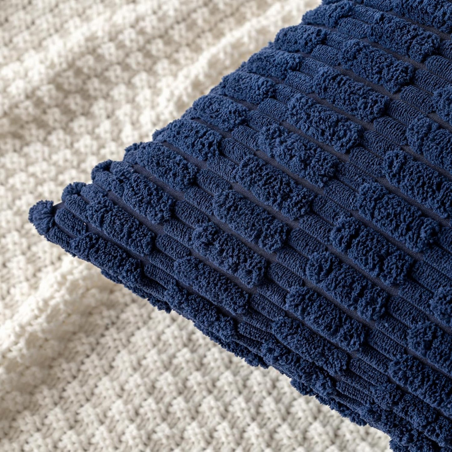 MIULEE Corduroy Decorative Lumbar Throw Pillow Covers - Soft Boho Striped Design, 20x12 Inch, Dark Blue for Modern Farmhouse Decor