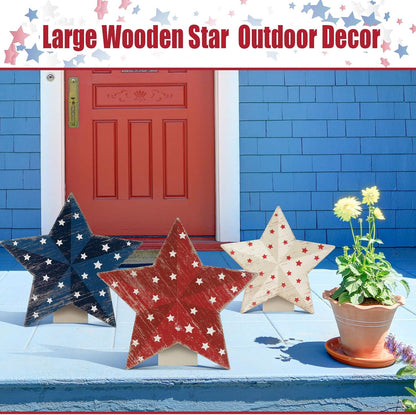 Patriotic 3D Wood Star Decor by [Brand Name] - 3 Pcs Red, White & Blue Yard Signs for 4th of July