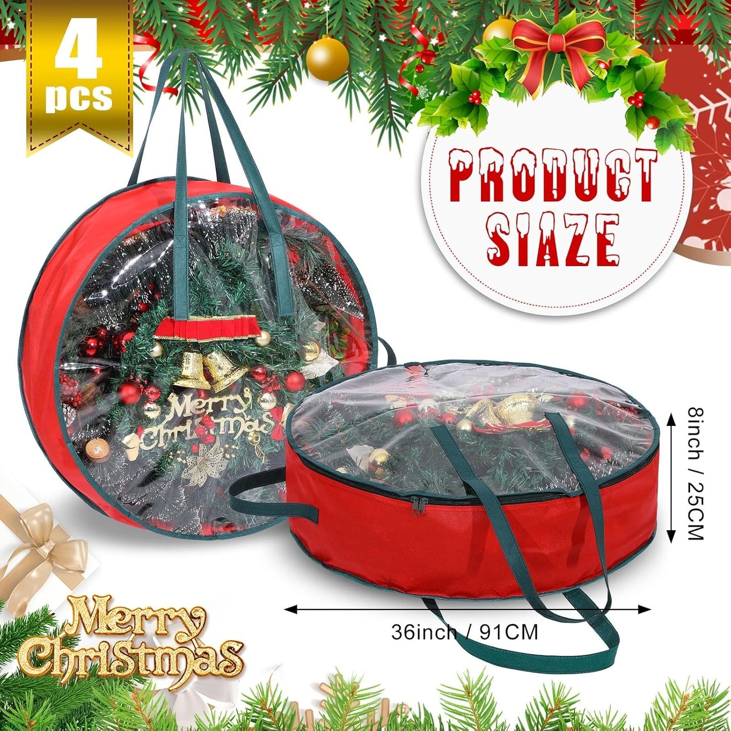 Shappy Wreath Storage Bag - 4 Pcs Red Clear Window Containers with Handle | 36 Inch Holiday Garland