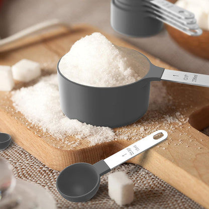 TILUCK Measuring Cups & Spoons Set - Stackable Kitchen Gadgets with Stainless Steel Handle | Gray