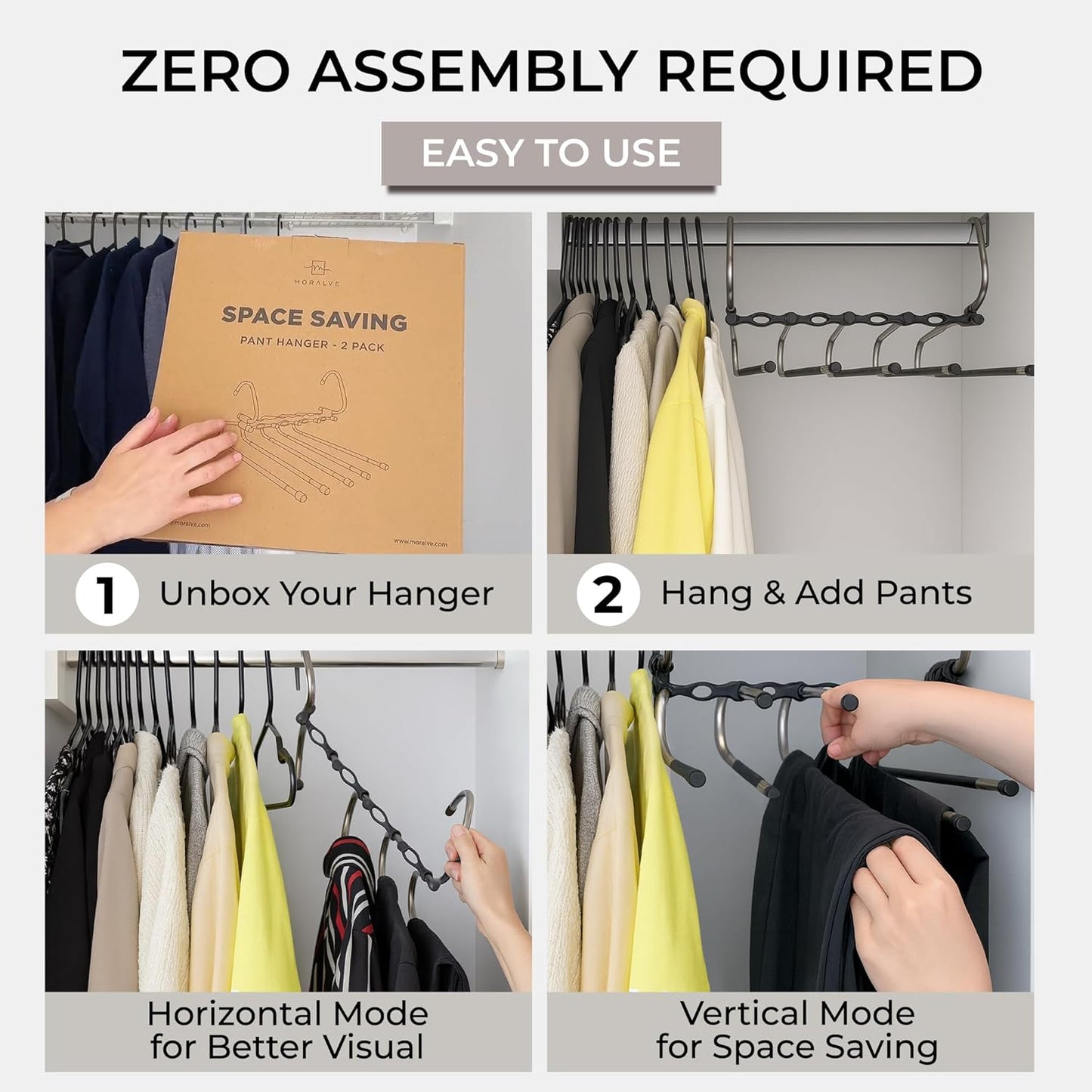 MORALVE Space-Saving Pants Hangers - Non-Slip Multi-Layer Closet Organizer - 2 Pack (Black)