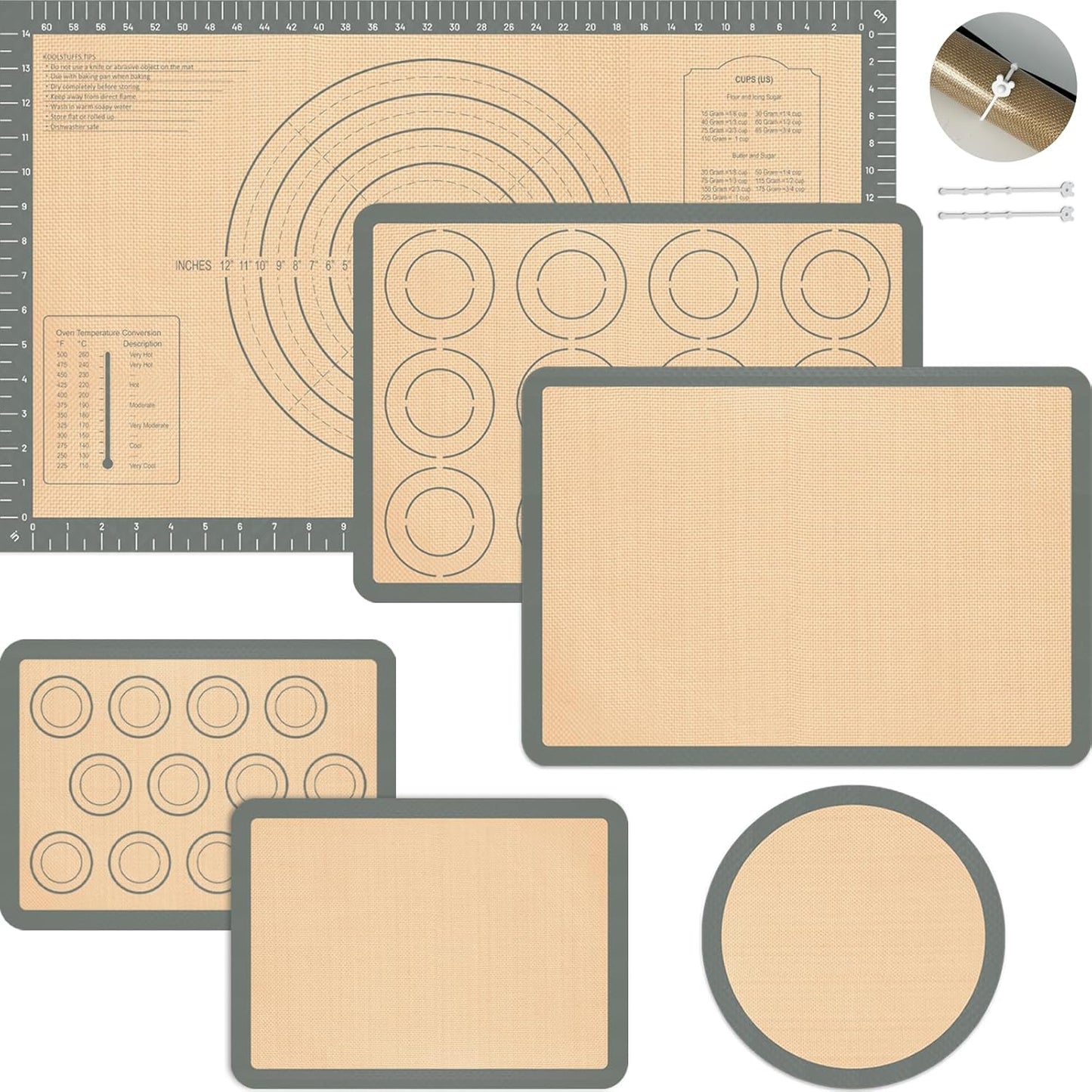 Skiennix Silicone Baking Mat Set - Nonstick Reusable Pastry & Pizza Mats | 6-Piece Baking Supplies