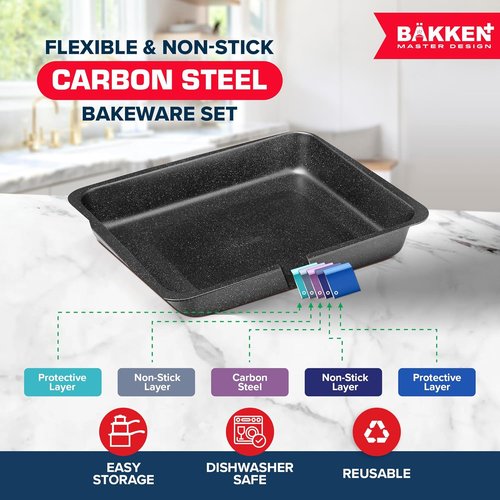 BAKKEN 6-Piece Baking Pan Set | Commercial Grade Carbon Steel, Nonstick & Space-Saving Design, Oven Safe Up to 450°F, Gray Marble