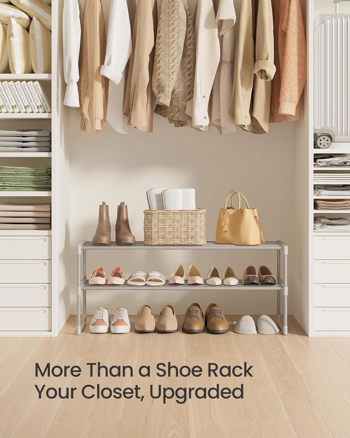 SONGMICS 2-Tier Shoe Rack - Stackable Metal Organizer for 12-15 Pairs | Gray, 11.8 x 36.2 x 14.6 Inches