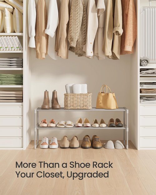 SONGMICS Shoe Rack, 2-Tier Shoe Organizer, Metal Storage Shelf, Upright or Upside Down, for 12-15 Pairs, Stackable, for Entryway, 11.8 x 36.2 x 14.6 Inches, Gray ULSA012G01