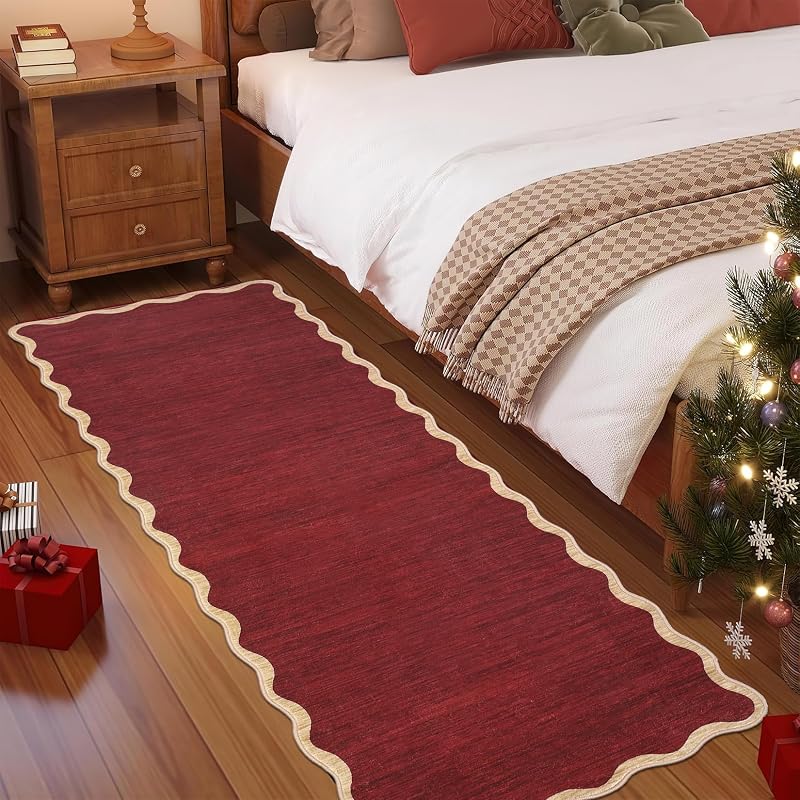 Christmas Red Scalloped 2x10 Runner Rug - Non-Slip, Machine Washable, Stain-Resistant