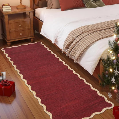 Christmas Red Scalloped 2x10 Runner Rug - Non-Slip, Machine Washable, Stain-Resistant