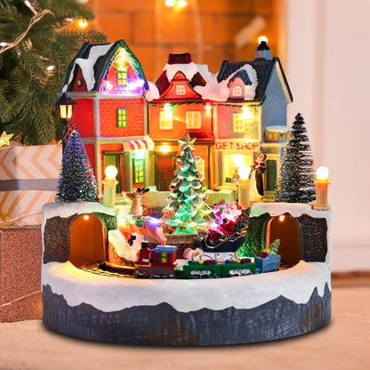 Afirst Christmas Village Houses - Lighted Collectible Figurines with Moving Train & Santa Sleigh | Musical Indoor Display
