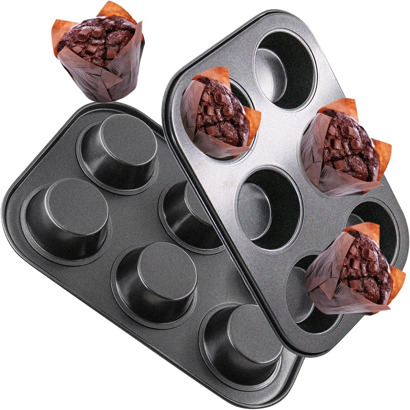 Premium Steel Muffin Pan by [Brand Name] - 2 Pack Round Bakeware for Cupcakes & Cheesecakes | 6 Cups, Black