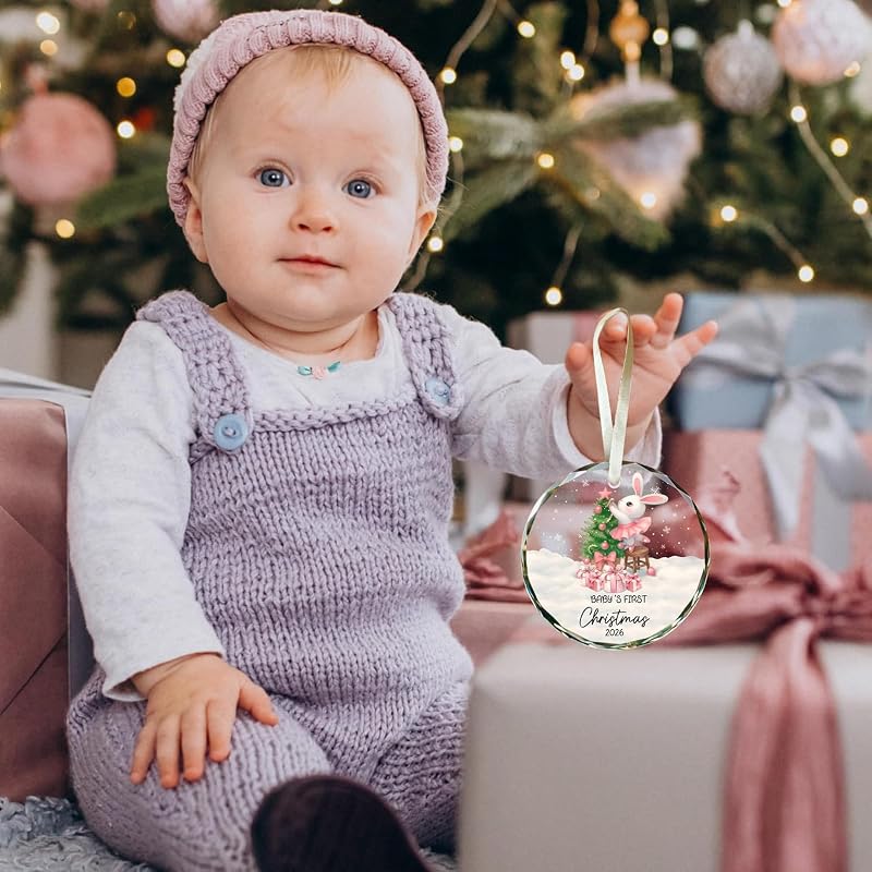 Baby Girl First Christmas Ornament 2026 - Glass Keepsake with Pink Bunny, 3.07 in, Variation: Baby 1st Christmas Pink
