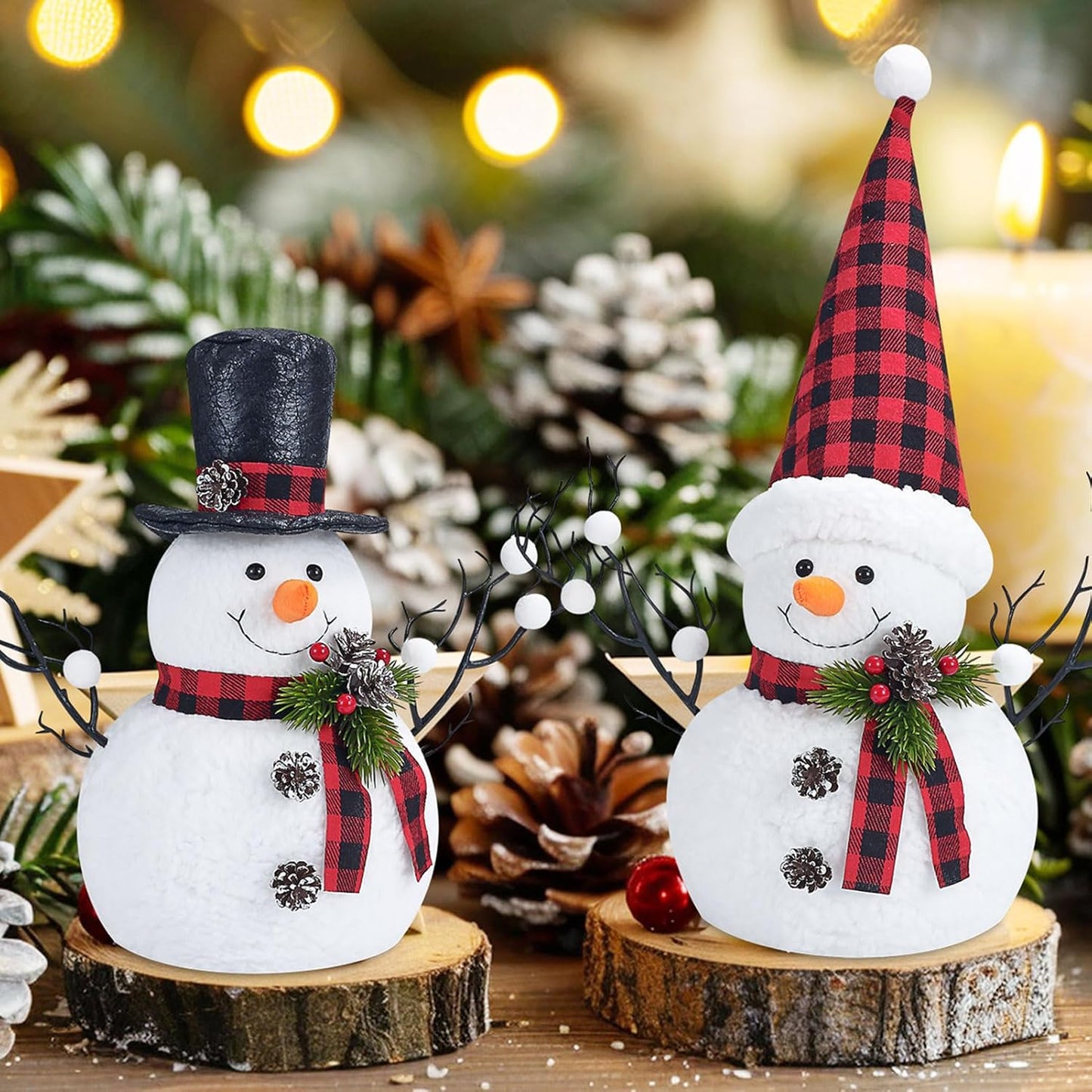 Skiennix Christmas Table Decorations - 14" Lighted Plush Snowmen & Trees | Battery Operated Ornaments
