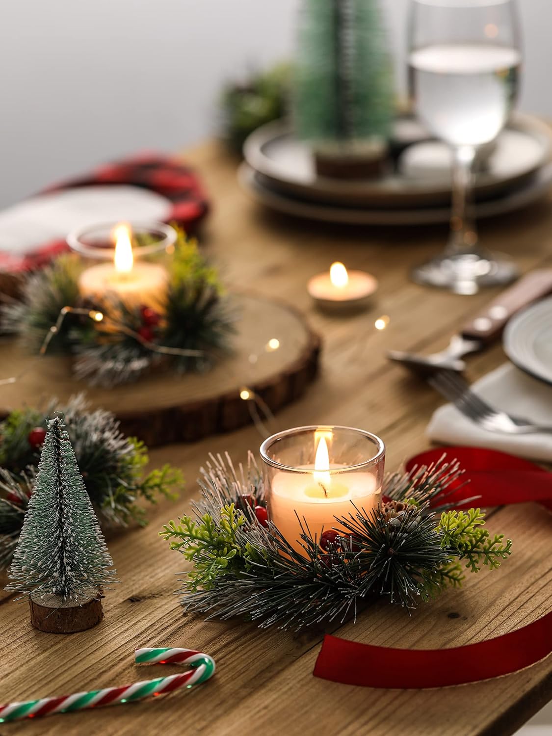 Regine Switzerland Christmas Candle Ring Set - 4 Pcs Votive Candles with Red Berry & Pinecone | Holiday Table Centerpiece Decor