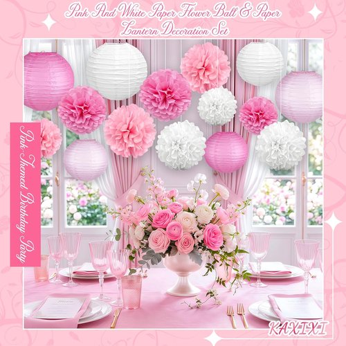 KAXIXI Pink Party Decorations - 15 Pcs Hanging Paper Lanterns & Tissue Pom Poms for Baby Showers & Birthdays