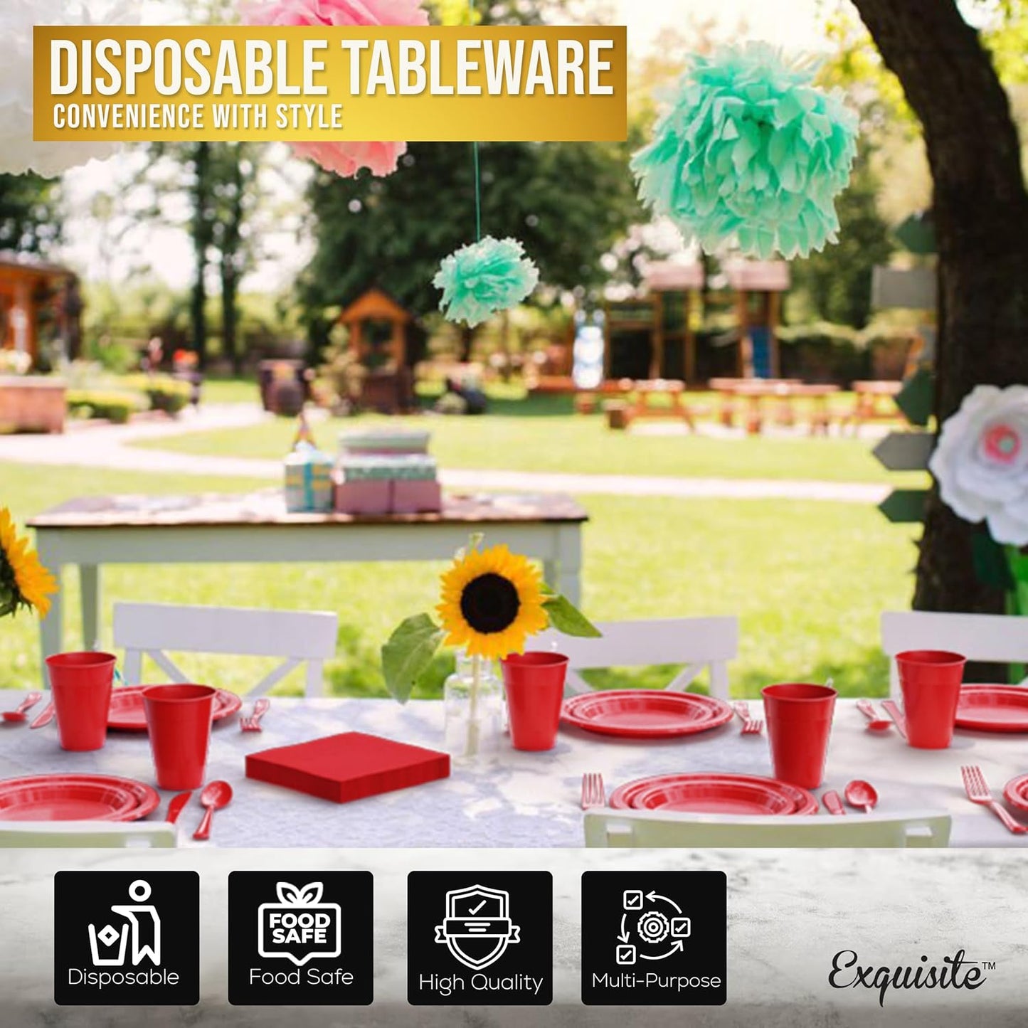 Regine Switzerland 350 Pcs Red Plastic Plates Set - Complete Disposable Dinnerware for Parties | 9" & 7" Plates, Cups, Napkins & Cutlery