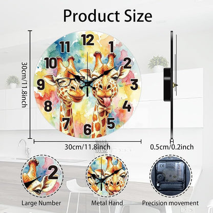 12 Inch Watercolor Giraffe Pattern Wall Clock | Silent Non-Ticking Decor