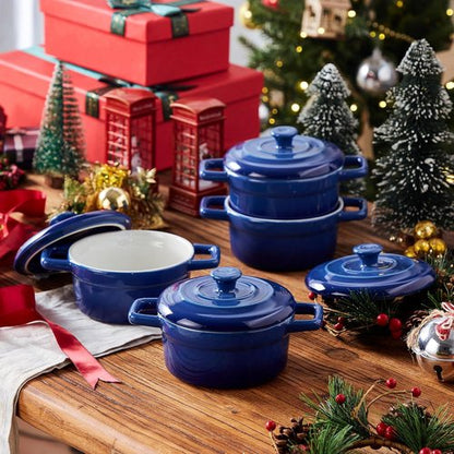 Lareina Mini Cocotte - 12oz Ceramic Casserole Dishes with Handles & Lid - Oven Safe Set of 4 - Blue