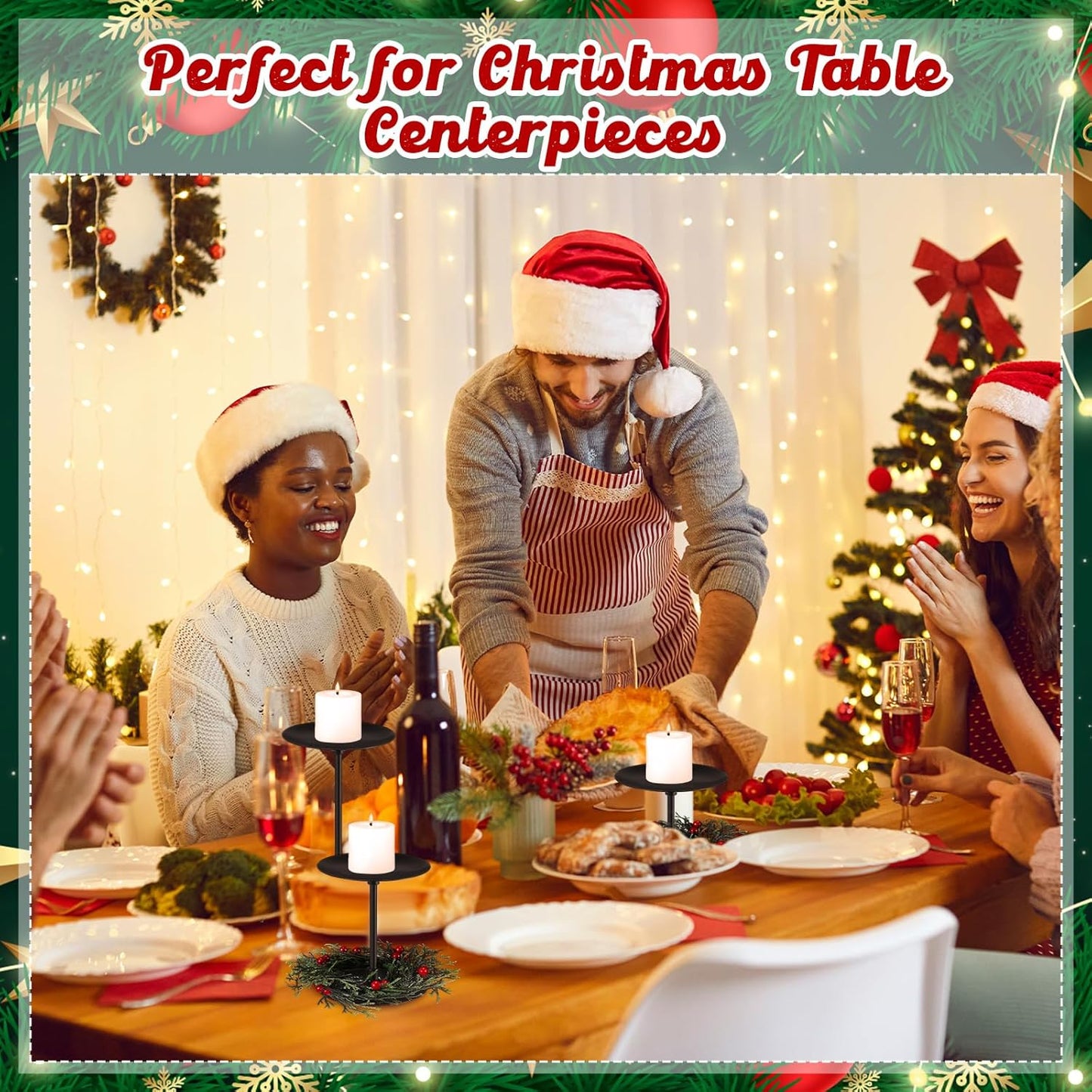 Baderke Christmas Candle Holders Set - 3 Sizes with Artificial Wreath & Red Berry Pine Garland Decor
