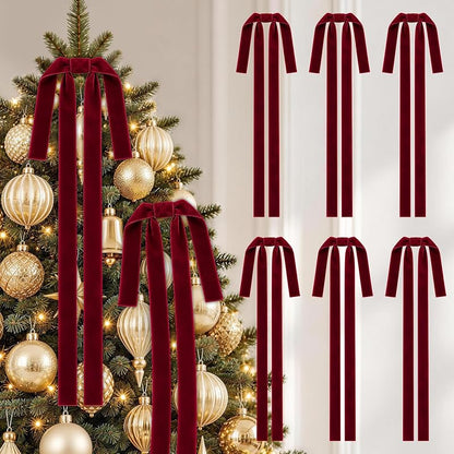 6Pcs Long Burgundy Velvet Christmas Bows Ornaments - 15 x 24 in, Pre-Stringed