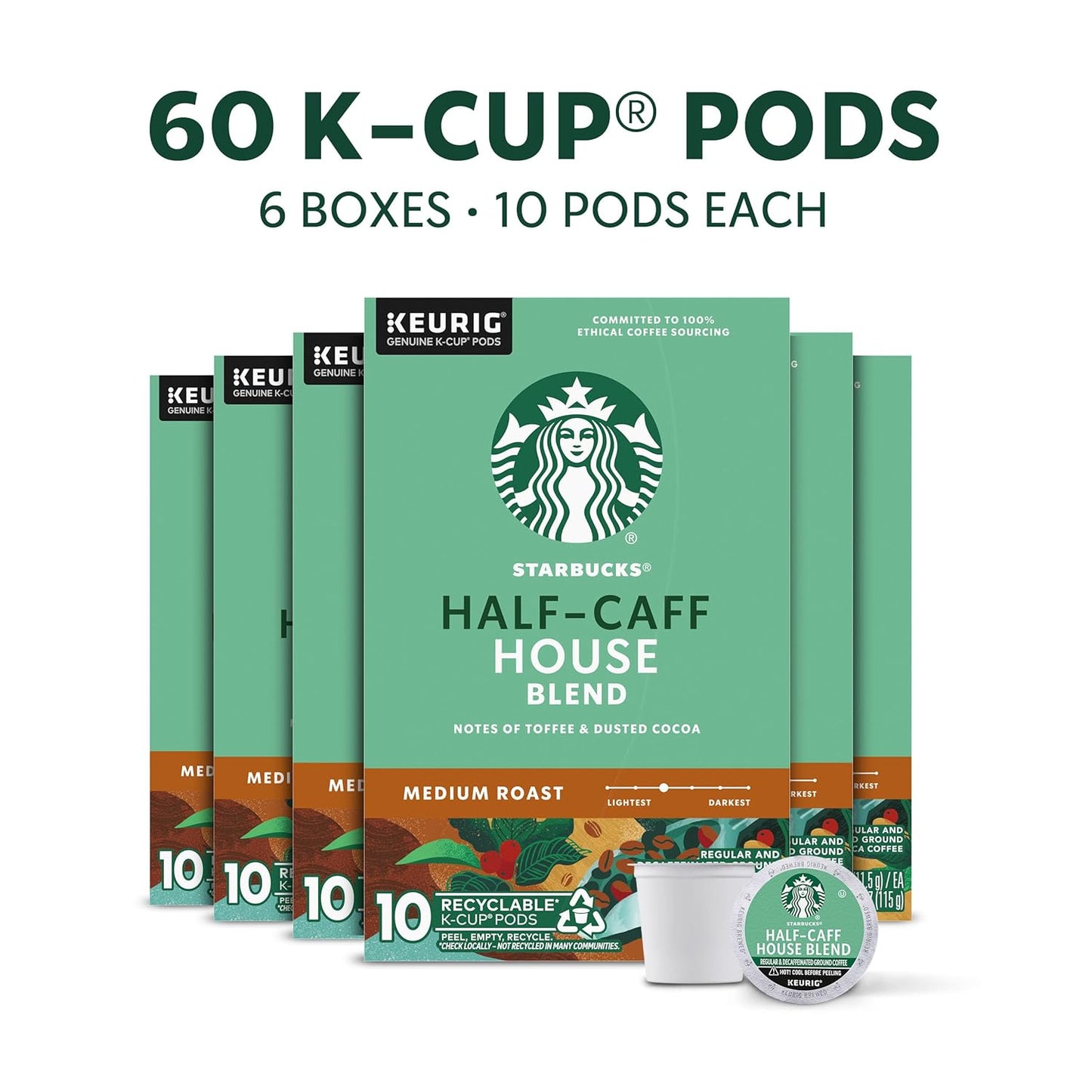Starbucks K-Cup Coffee Pods - Medium Roast Half-Caff House Blend | 60 Pods for Hot or Iced Coffee