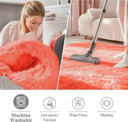 OLANLY Round Coral Red Area Rug - Soft, Machine Washable 3 ft Shaggy Carpet for Bedroom & Living Room Decor