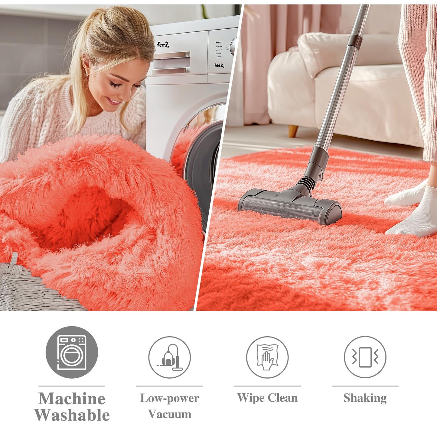 OLANLY Coral Red Round Rugs for Bedroom - Machine Washable, 8 ft Circle Area Rugs for Living Room, Soft and Fluffy Shaggy Carpet for Teen Girl and Boys, Nursery Rooms, Dorms, Home Decor Aesthetic