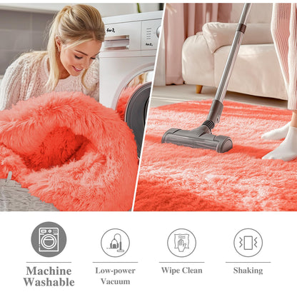 OLANLY Coral Red Round Rugs for Bedroom - Machine Washable, 8 ft Circle Area Rugs for Living Room, Soft and Fluffy Shaggy Carpet for Teen Girl and Boys, Nursery Rooms, Dorms, Home Decor Aesthetic