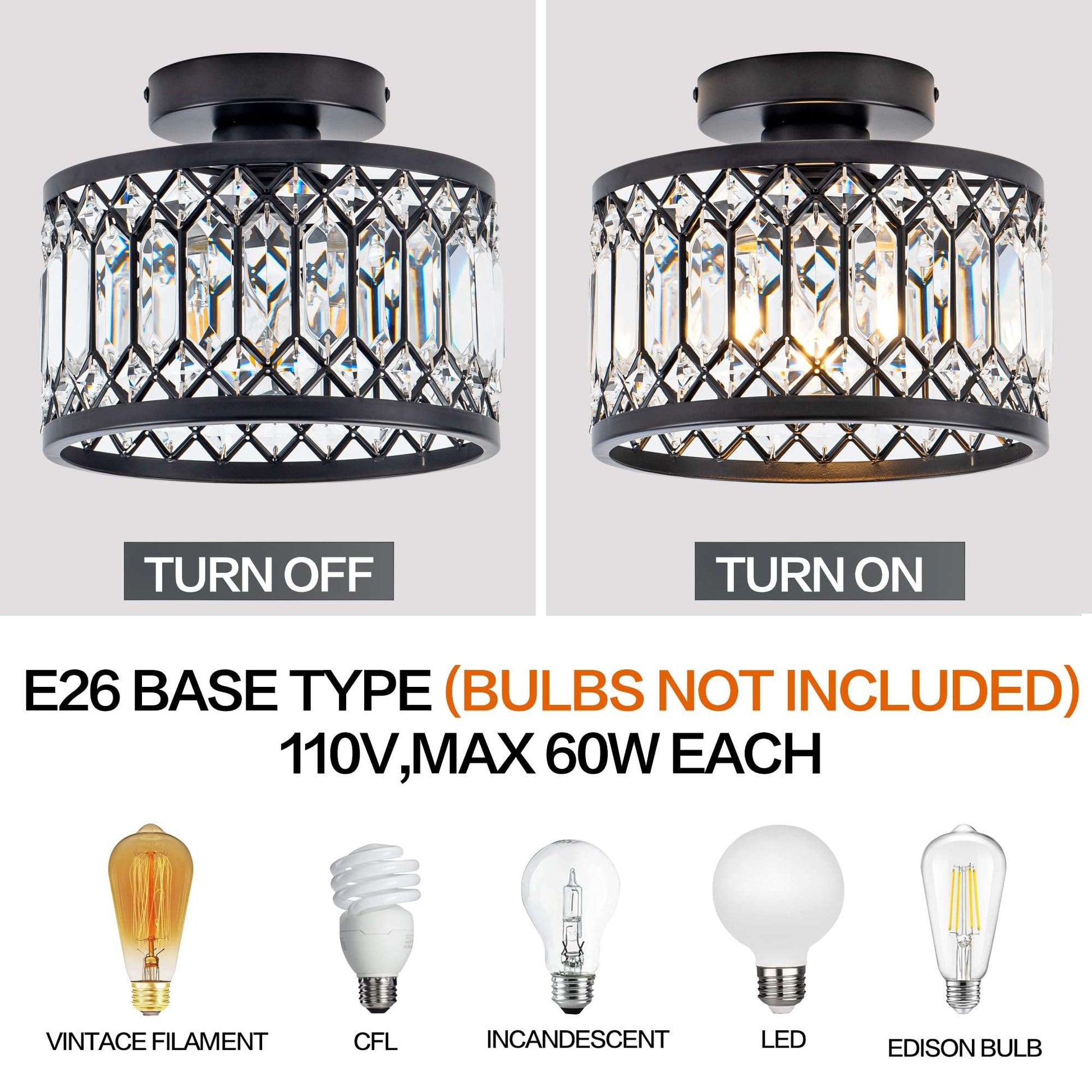 Rpzloila Crystal Ceiling Light Fixture, Modern Semi Flush Mount Ceiling Light,Crystal Chandelier for Kitchen Bedroom Bathroom Entryway Black (Bulb not Included)