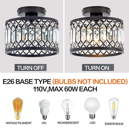 Rpzloila Crystal Ceiling Light Fixture, Modern Semi Flush Mount Ceiling Light,Crystal Chandelier for Kitchen Bedroom Bathroom Entryway Black (Bulb not Included)