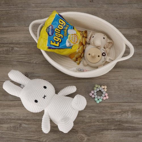 Small Woven Basket Cute Oval Cotton Rope Gifts Basket with Handle Empty Baby Wicker Storage Basket Nursery Box Bin Kids Organizer Cat Dog Toy Basket Easter Basket White