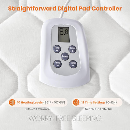 Sweetcrispy Heated Mattress Pad - Twin Size (75×39″) | Quilted Electric Bed Warmer with 12 Heat Settings & Auto Shut-Off - White