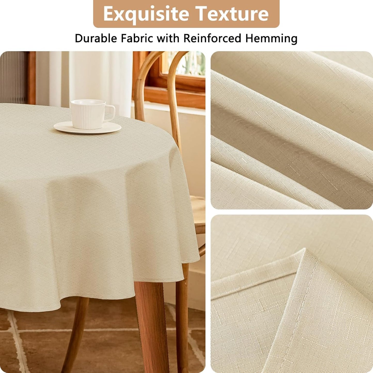 Textured Round Tablecloth - 60 Inch Beige, Water-Resistant Faux Linen for 2-4 Seat Dining Tables