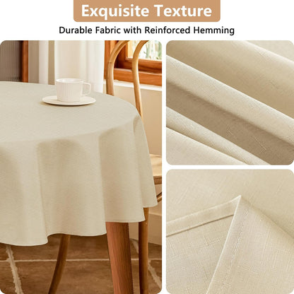 Textured Round Tablecloth - 60 Inch Beige, Water-Resistant Faux Linen for 2-4 Seat Dining Tables