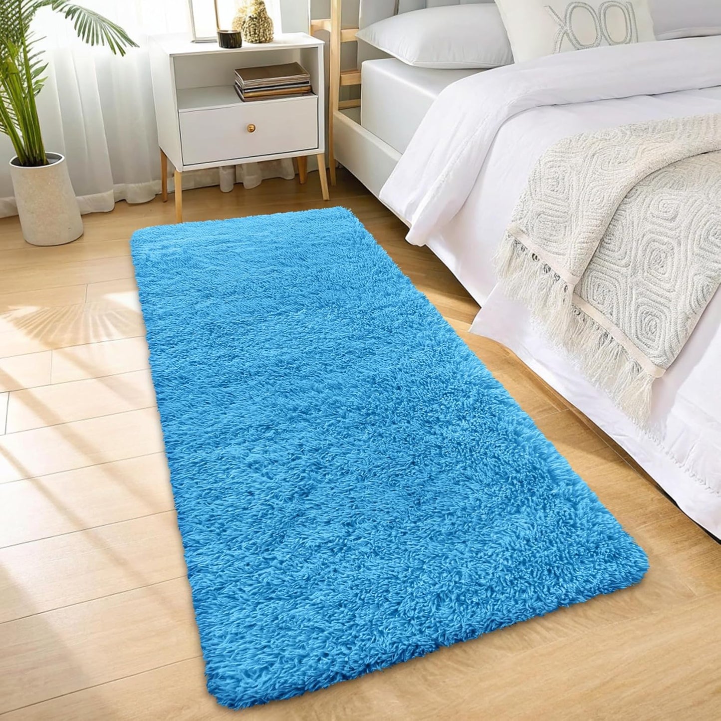 OLANLY Machine Washable 2x6 Runner Rug - Soft Fluffy Shaggy Design for Bedroom & Hallway | Bright Blue Decor