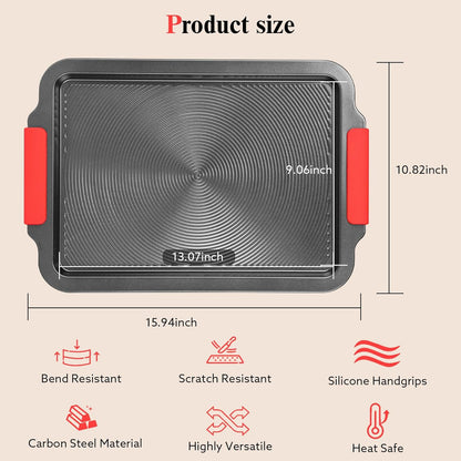 Skiennix Nonstick Baking Sheet - 16x11in Cookie Pan with Circle Grooves & Red Grips | PFAS/PTFE Free, Gray