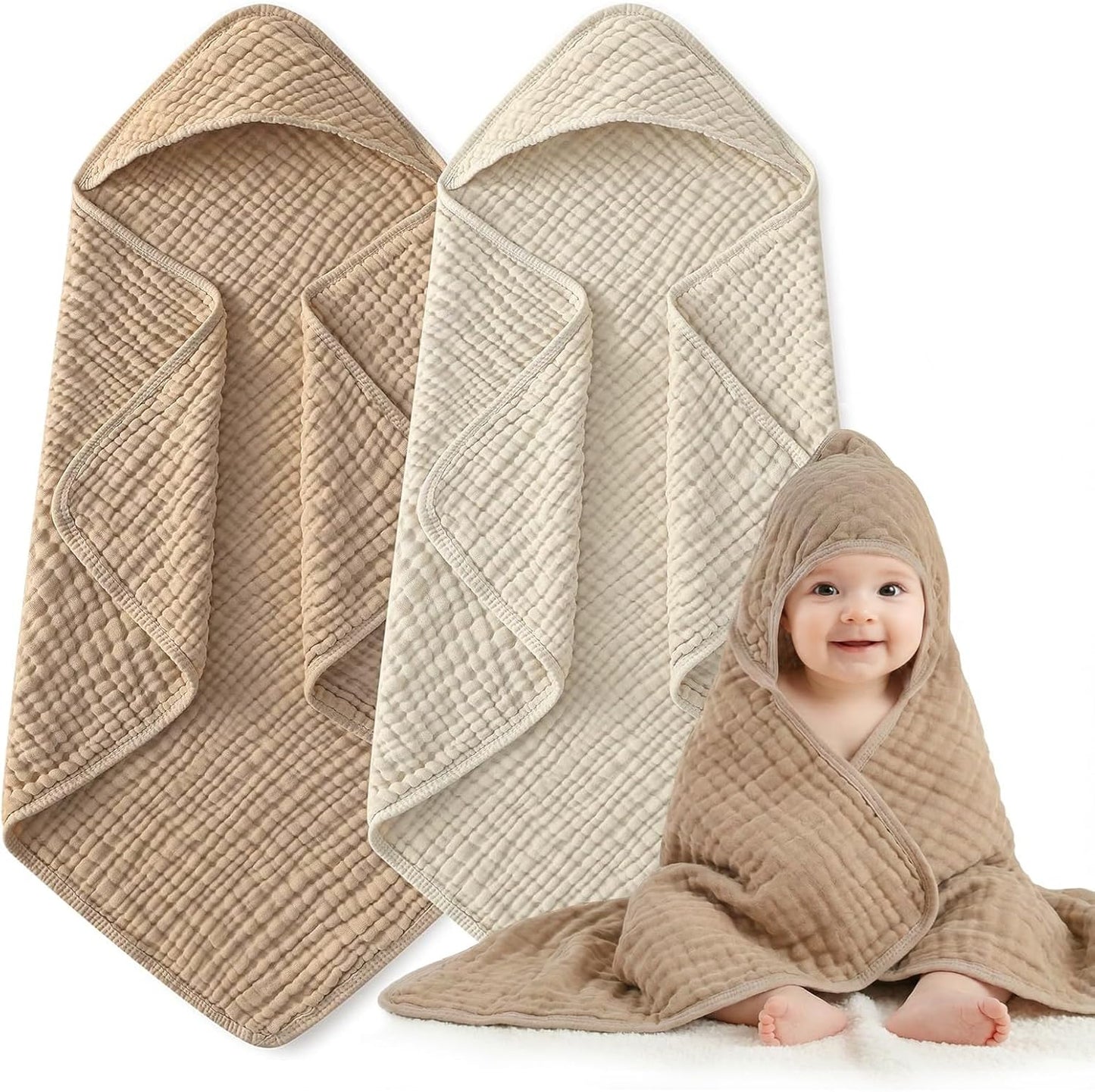 Skiennix Hooded Baby Bath Towels - Soft 100% Muslin Cotton, 6-Layer Absorbent, 32x32 Inch, Unisex 2 Pack