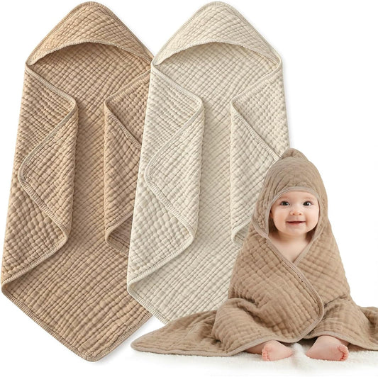 Skiennix Hooded Baby Bath Towels - Soft 100% Muslin Cotton, 6-Layer Absorbent, 32x32 Inch, Unisex 2 Pack