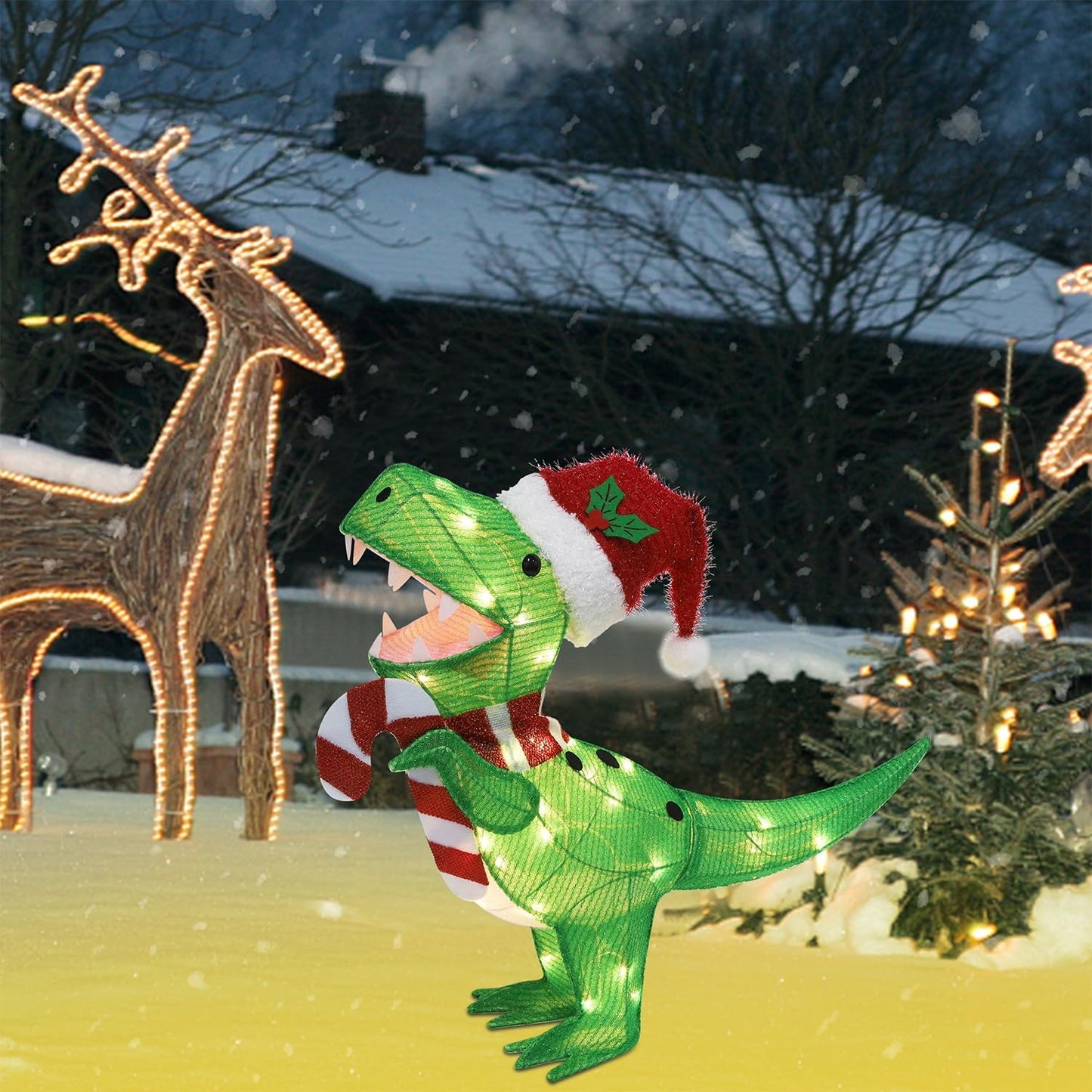Waterglide Lighted Christmas Dinosaur | 22.5-Inch Pre-Lit 3D Tinsel Tyrannosaurus with Red Hat for Outdoor Holiday Decor