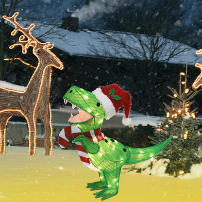 Waterglide Lighted Christmas Dinosaur | 22.5-Inch Pre-Lit 3D Tinsel Tyrannosaurus with Red Hat for Outdoor Holiday Decor