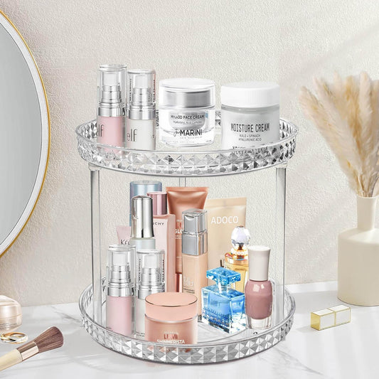 Skiennix 2-Tier Diamond Lazy Susan Bathroom Organizer - Clear 360° Rotating Makeup & Skincare Storage | 9.25 Inch