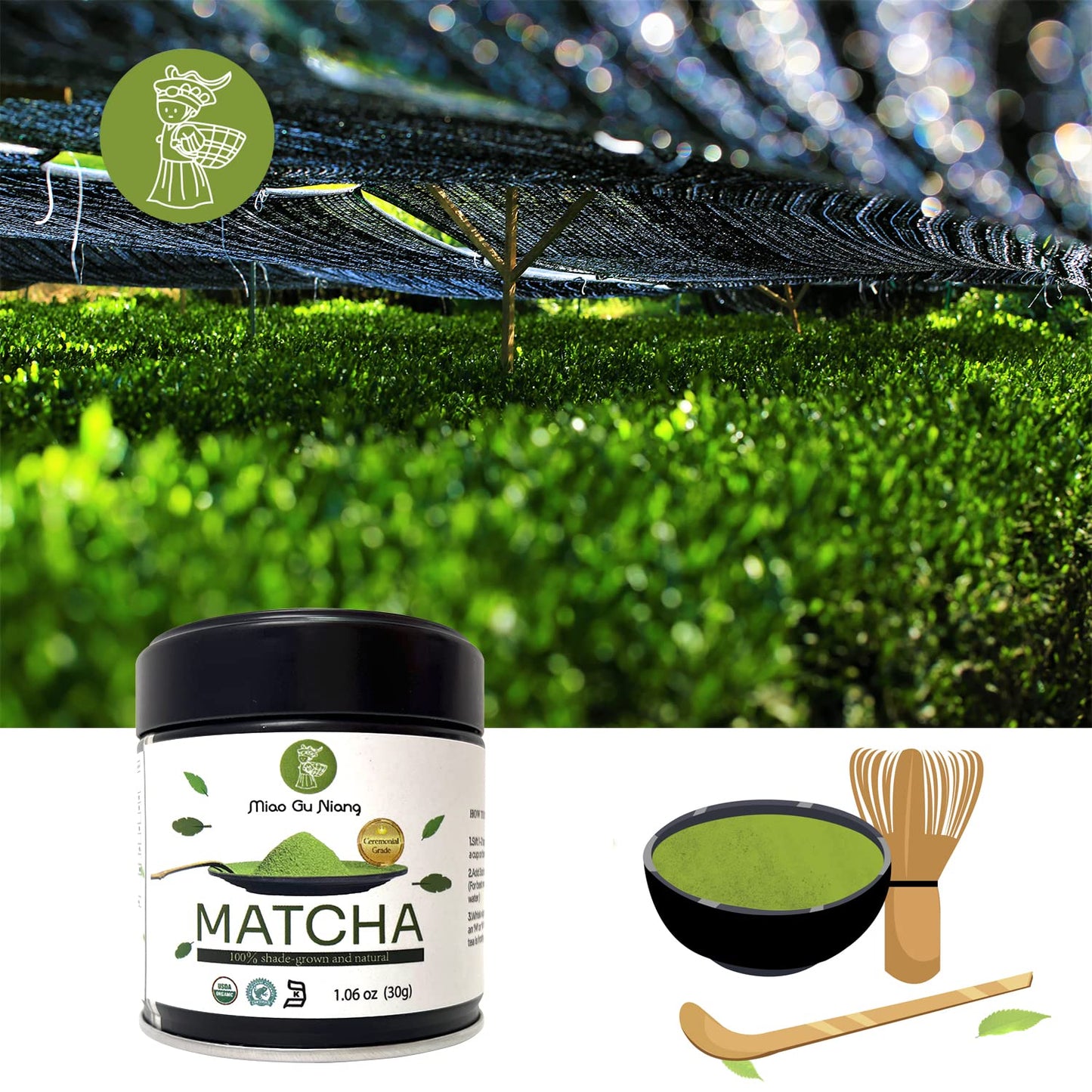 Miao Gu Niang Ceremonial Grade Organic Matcha Green Tea Powder 30g, Authentic China First Harvest Ceremonial Grade Matcha Green Tea Powder - 1.06oz (Ceremonial Grad)