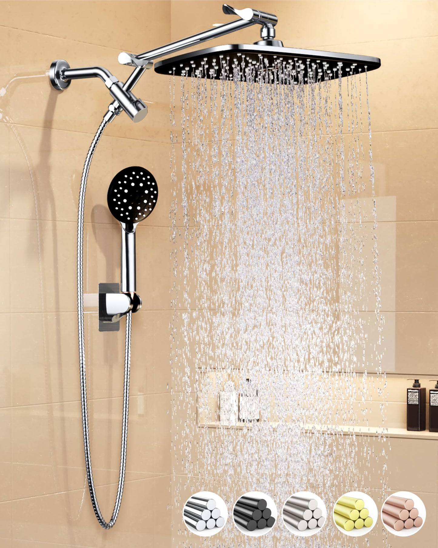 Veken 11.8" Rain Shower Head with Handheld, High Pressure Handheld Shower with Multi Spray Modes, Rainfall Combo with Metal Extension Arm, Detachable Dual Showerhead, Bathroom Decor, Chrome Silver