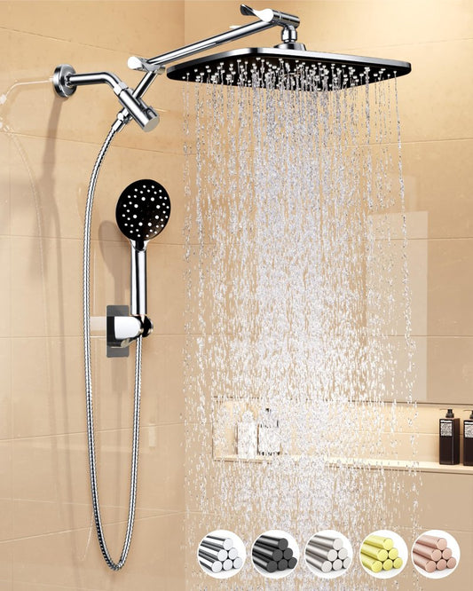 Veken 11.8" Rain Shower Head with Handheld, High Pressure Handheld Shower with Multi Spray Modes, Rainfall Combo with Metal Extension Arm, Detachable Dual Showerhead, Bathroom Decor, Chrome Silver
