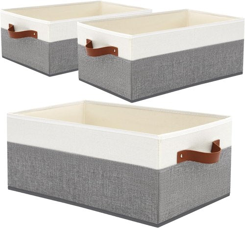 Large Capacity Storage Bins by [Brand Name] - Fabric Closet Organizer with Leather Handles | 3 Pack Grey