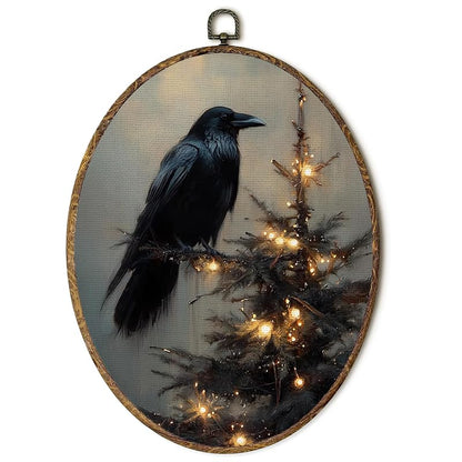 Xmas Gothic Raven Oval Wall Art - 8.5x11.5in Framed Canvas, Dark Academia Hanging Decor (Variation: xmas_4)